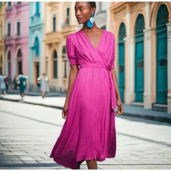 Anthropologie Maeve Wrap Midi Dress – Raspberry – Size 8 - Picture 4 of 8